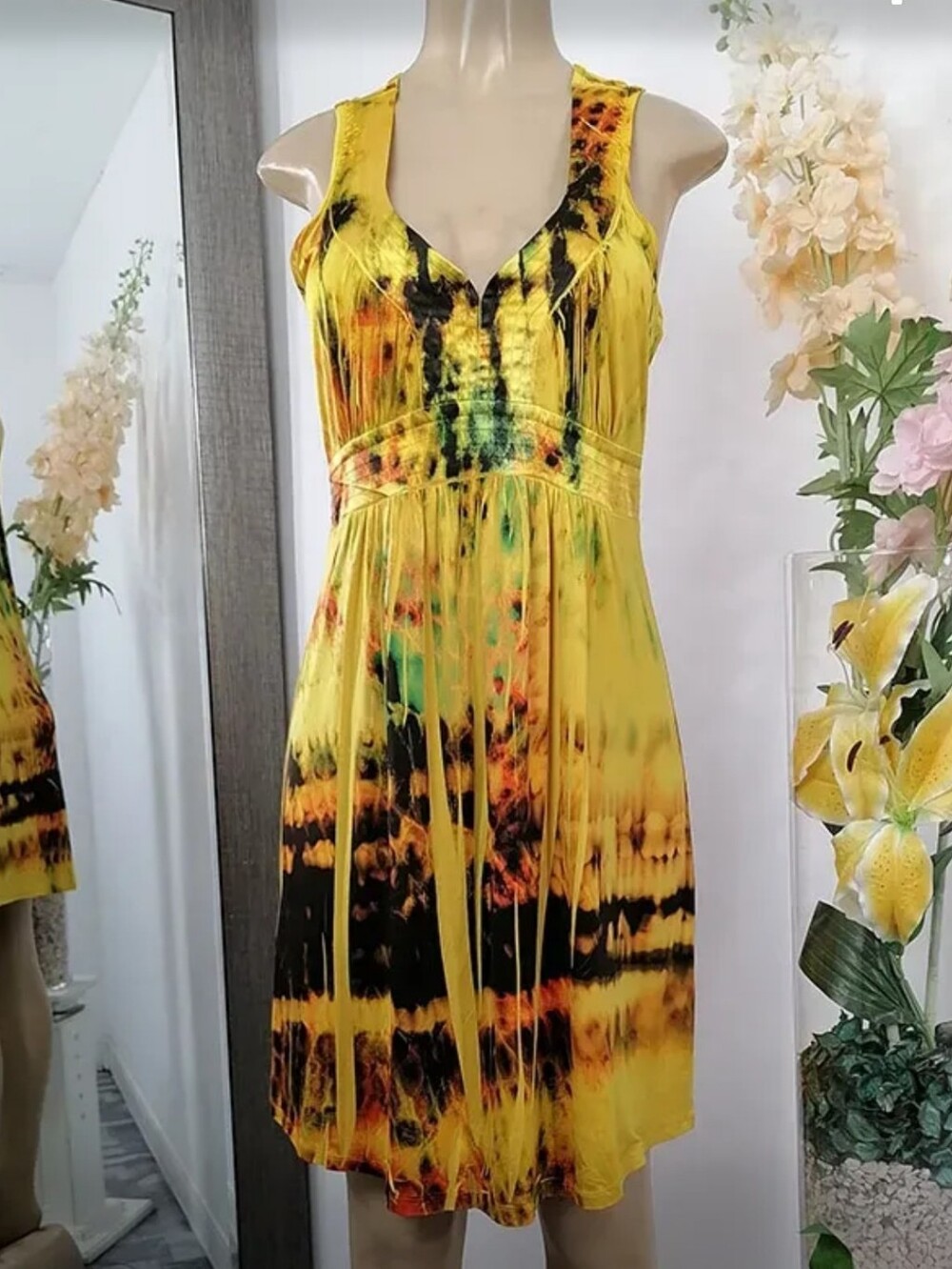 ONE WORLD Yellow Tie-Dye V-Neck Sleeveless Dress with Black & Orange Accents